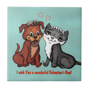 Kitty and Puppy , Happy Valentines Day! Ceramic Tile