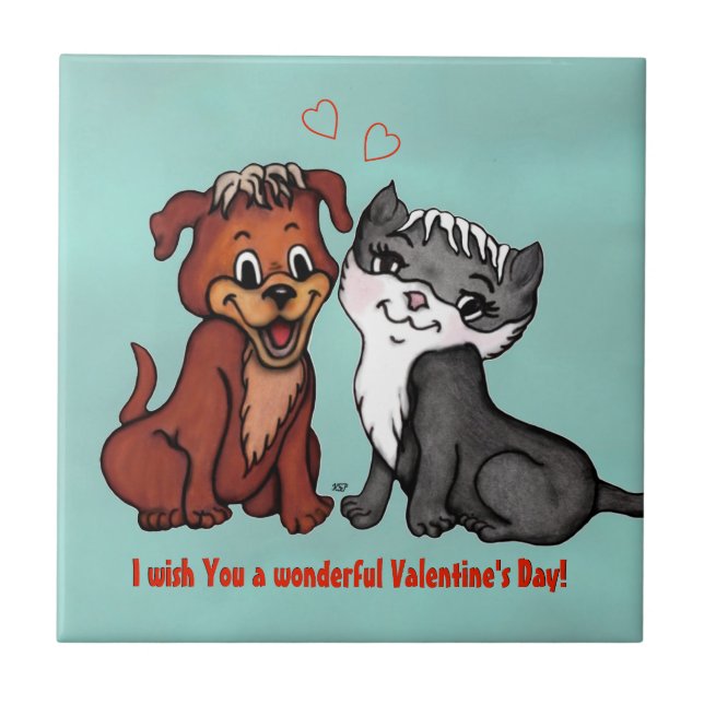 Kitty and Puppy , Happy Valentines Day! Ceramic Tile (Front)