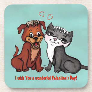 Kitty and Puppy , Happy Valentines Day! Coaster