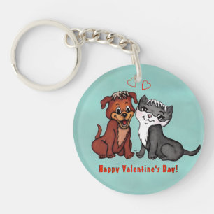 Kitty and Puppy , Happy Valentines Day! Key Ring