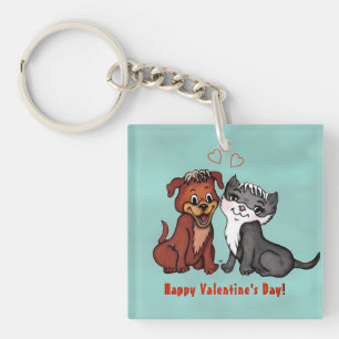 Kitty and Puppy , Happy Valentines Day! Key Ring