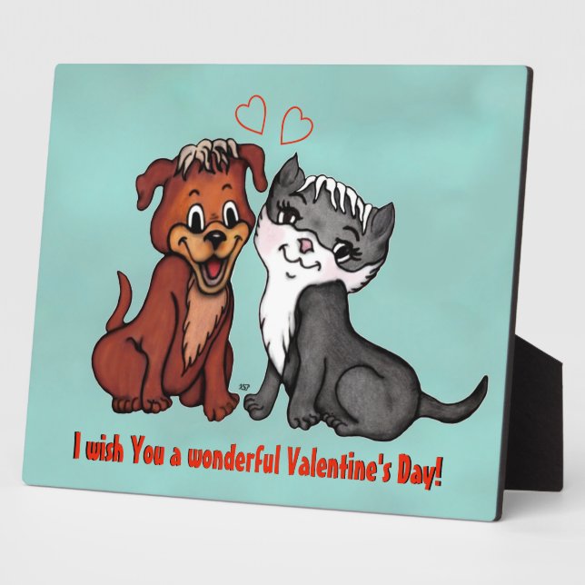 Kitty and Puppy , Happy Valentines Day! Plaque (Side)