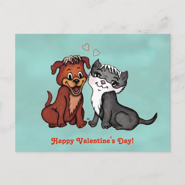 Kitty and Puppy , Happy Valentine's Day! Postcard (Front)