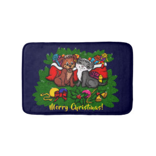Kitty and Puppy , Happy XMas Bath Mat