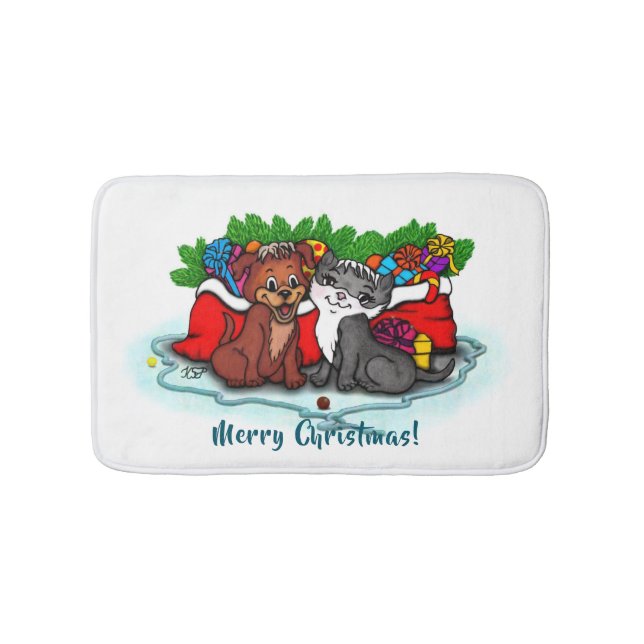 Kitty and Puppy , Happy XMas Bath Mat (Front)