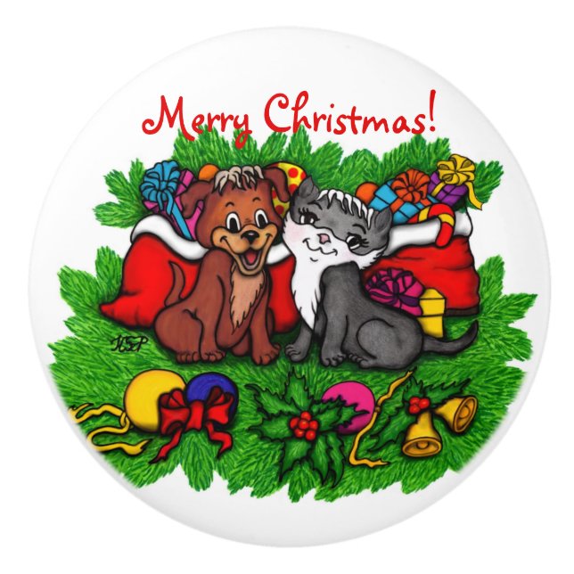 Kitty and Puppy , Happy XMas Ceramic Knob (Front)