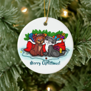Kitty and Puppy , Happy XMas Ceramic Ornament