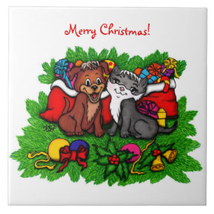 Kitty and Puppy , Happy XMas Ceramic Tile