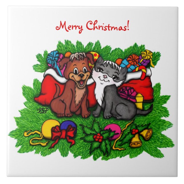 Kitty and Puppy , Happy XMas Ceramic Tile (Front)