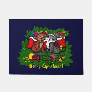 Kitty and Puppy , Happy XMas Doormat
