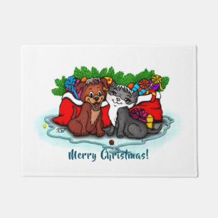 Kitty and Puppy , Happy XMas Doormat