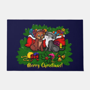 Kitty and Puppy , Happy XMas Doormat