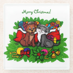 Kitty and Puppy , Happy XMas Glass Coaster