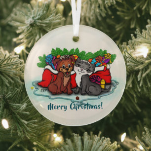 Kitty and Puppy , Happy XMas Glass Tree Decoration