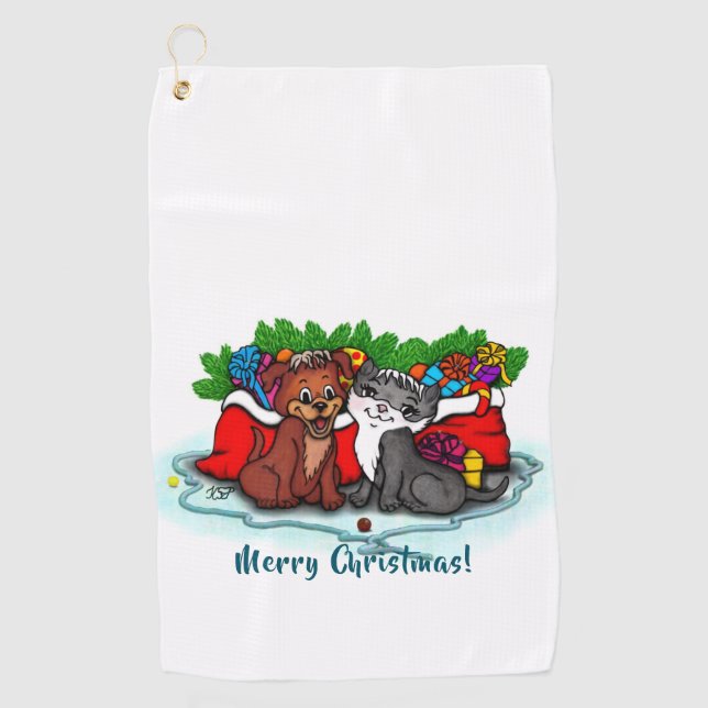 Kitty and Puppy , Happy XMas Golf Towel (Front)