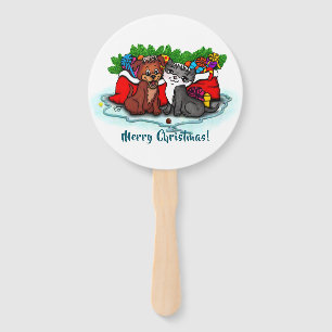 Kitty and Puppy , Happy XMas Hand Fan