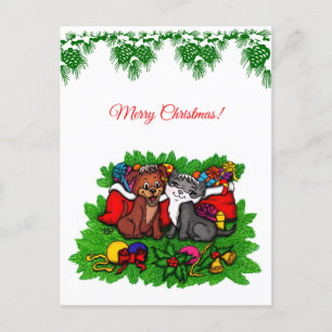 Kitty and Puppy , Happy XMas Holiday Postcard