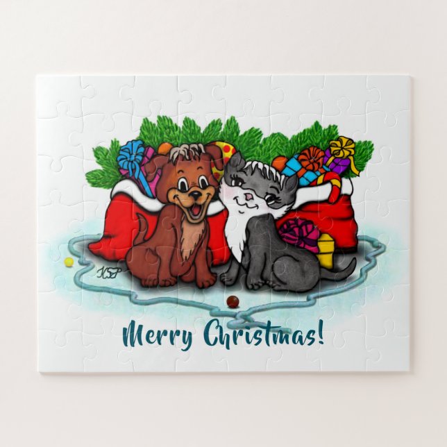 Kitty and Puppy , Happy XMas Jigsaw Puzzle (Horizontal)