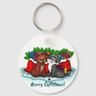 Kitty and Puppy , Happy XMas Key Ring