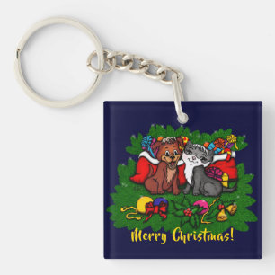 Kitty and Puppy , Happy XMas Key Ring