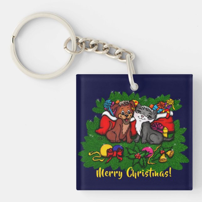 Kitty and Puppy , Happy XMas Key Ring (Front)