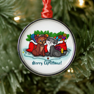 Kitty and Puppy , Happy XMas Metal Ornament