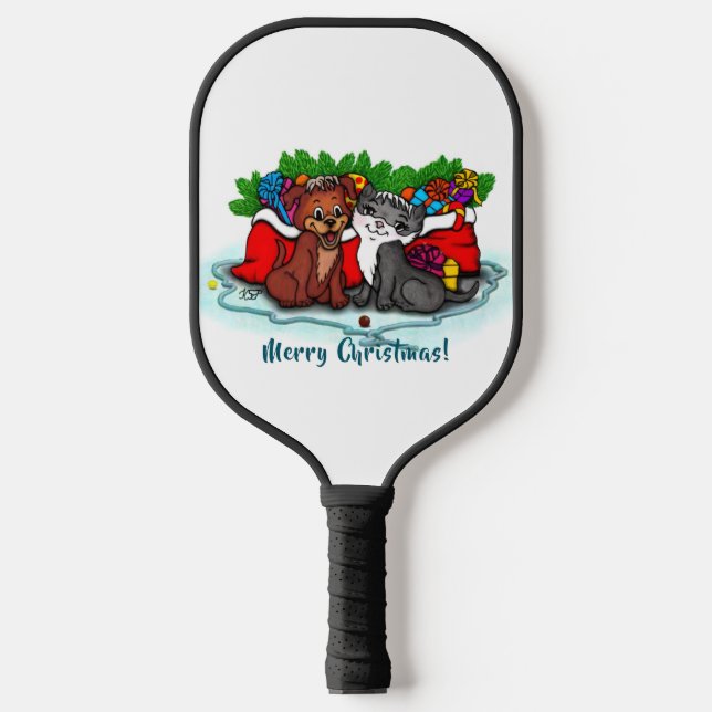 Kitty and Puppy , Happy XMas Pickleball Paddle (Front)