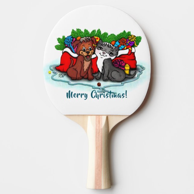 Kitty and Puppy , Happy XMas Ping Pong Paddle (Front)