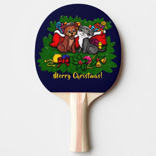 Kitty and Puppy , Happy XMas Ping Pong Paddle (Front)