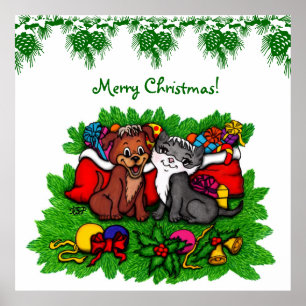 Kitty and Puppy , Happy XMas Poster
