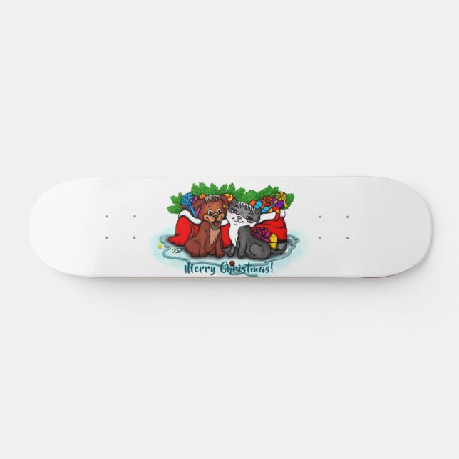 Kitty and Puppy , Happy XMas Skateboard (Horz)