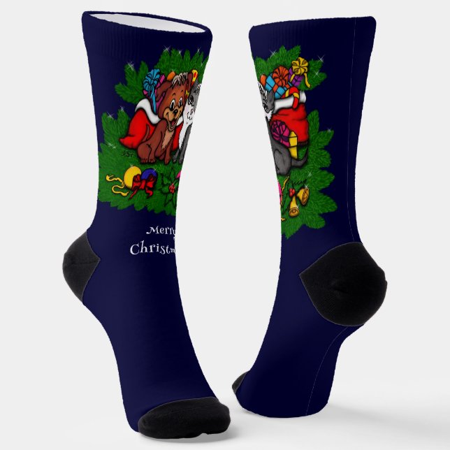 Kitty and Puppy , Happy XMas Socks (Angled)