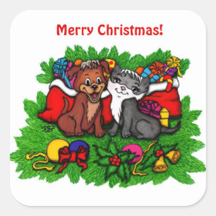 Kitty and Puppy , Happy XMas Square Sticker