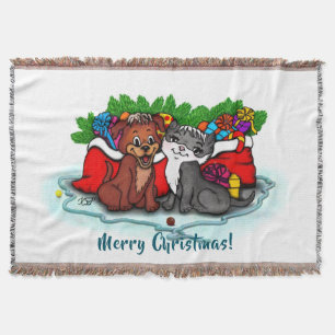 Kitty and Puppy , Happy XMas Throw Blanket