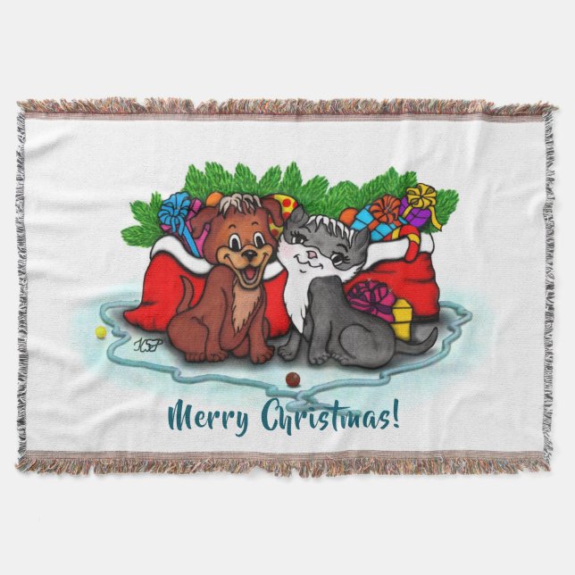 Kitty and Puppy , Happy XMas Throw Blanket (Front)