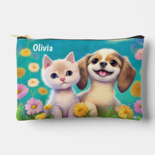 Kitty and Puppy Personalised Kids Name Accessory Pouch