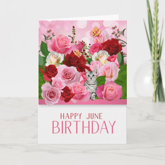 Kitty and Rose Garden June Birthday Card (Front)