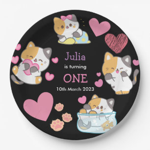 kitty baby girl black birthday paper plate
