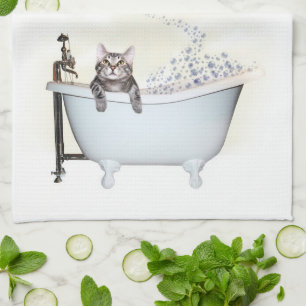Kitty bath time tea towel