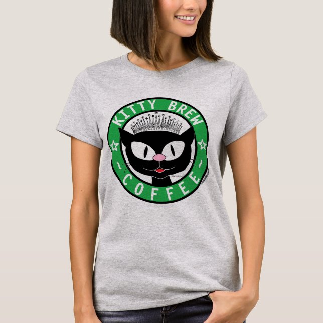 Kitty Brew Coffee Cute Black Cartoon Cat T-Shirt (Front)