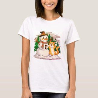 Kitty Cat and Snowman Friends  For Winter Lovers T-Shirt