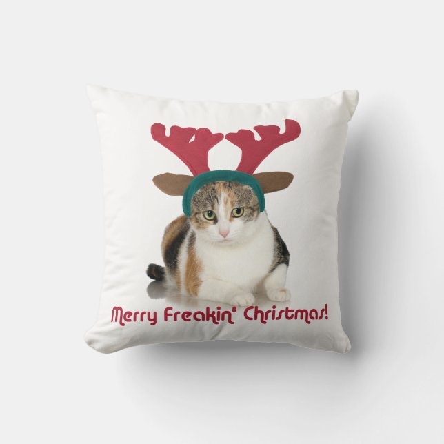 Kitty Cat & Antlers Merry Freakin Christmas Cushion (Front)