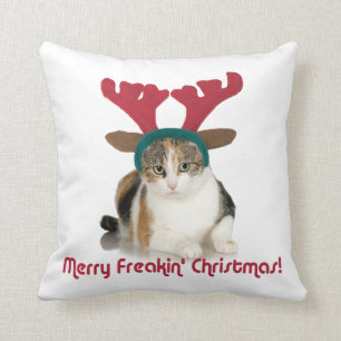 Kitty Cat & Antlers Merry Freakin Christmas Cushion