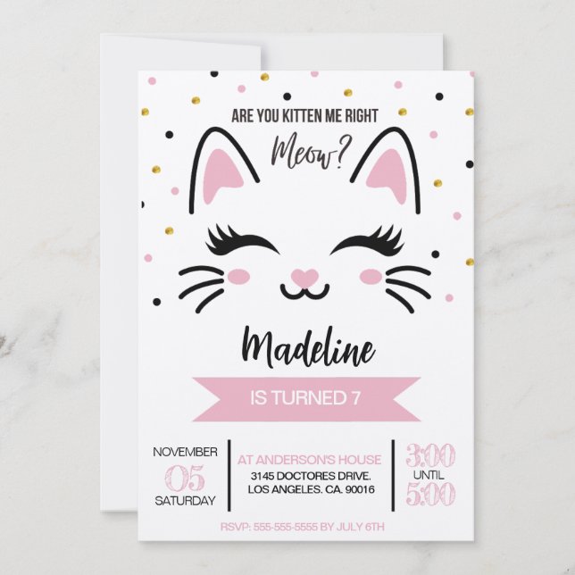 Kitty Cat Birthday, Are You Kitten Me Right Meow Invitation (Front)