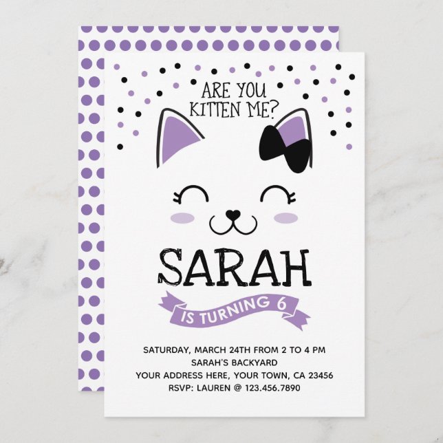 Kitty Cat Birthday Invitation, Purple & Black Invitation (Front/Back)