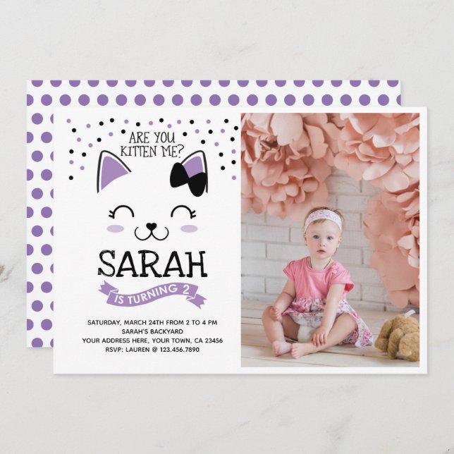 Kitty Cat Birthday Invitation with Photo (Front/Back)