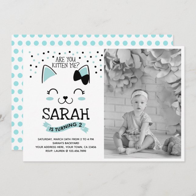 Kitty Cat Birthday Invitation with Photo (Front/Back)