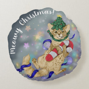 Kitty Cat Christmas Round Pillow