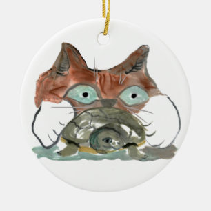 Kitty Cat Clutches his Turtle Pal Ceramic Ornament