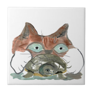 Kitty Cat Clutches his Turtle Pal Ceramic Tile